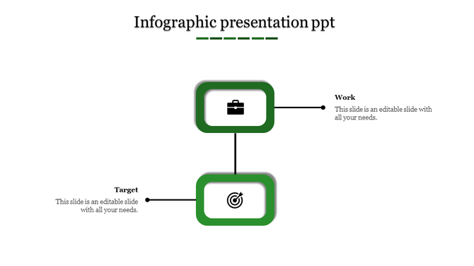 Minimalist infographic with green rounded boxes displaying briefcase and target icons connected by black lines.