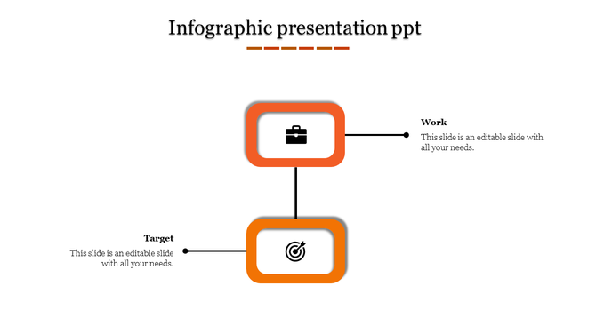 Infographic PPT slide with two orange bordered rectangular elements featuring icons connected by vertical lines.
