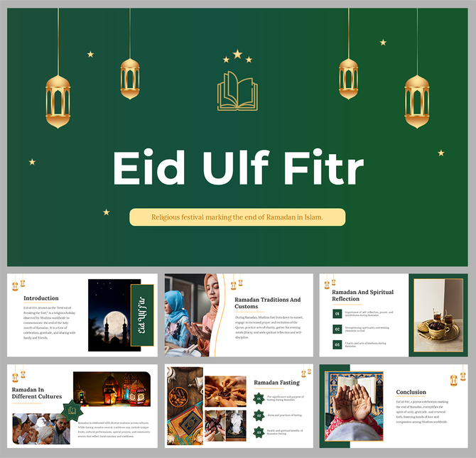Slide commemorating Eid Ul Fitr, slide deck decorated with hanging lanterns and a text about the festival's significance.