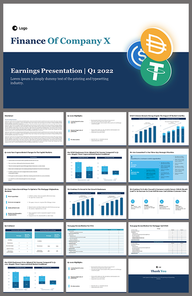 Company earnings report PowerPoint slides with financial highlights and visuals on a blue theme in different layout designs.