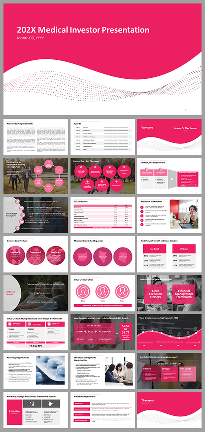 Pink and white slide pack with curved lines and circles, showing medical investment strategies, growth, and value creation.