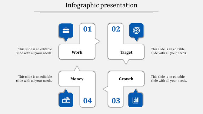 Four step infographic with blue icons and white boxes linked by directional arrows for work, target, money, and growth.