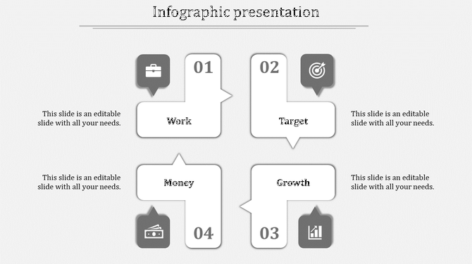 Infographic PPT slide with four sections Work, Target, Money, and Growth, represented by gray icons and numbered blocks.