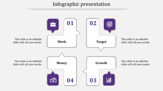 Infographic PowerPoint slide with four sections Work, Target, Money, and Growth, represented by icons and numbered blocks.