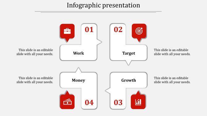 Four step infographic with numbered white boxes and red icons for business elements, aligned in two rows.