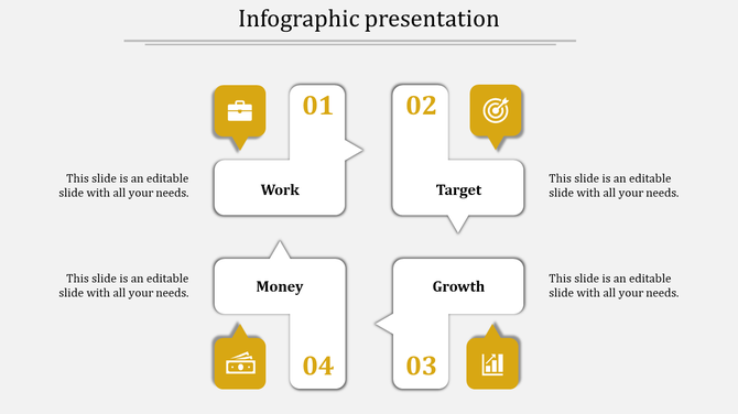 Four step infographic with yellow icons and white boxes linked by directional arrows for work, target, money, and growth.