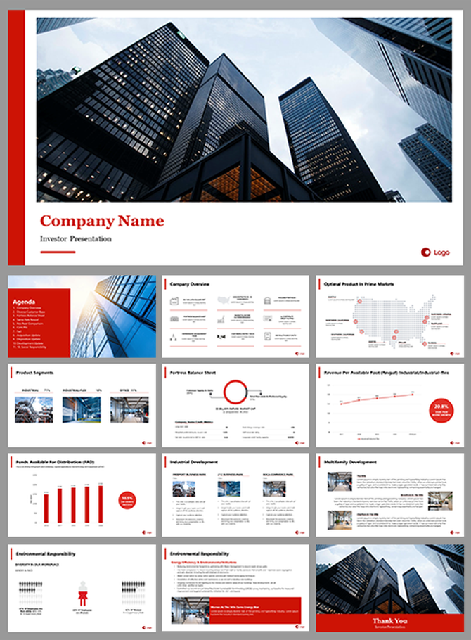 Corporate slide set showing company name placeholder, financial data, market charts, sustainability, and thank you slide.
