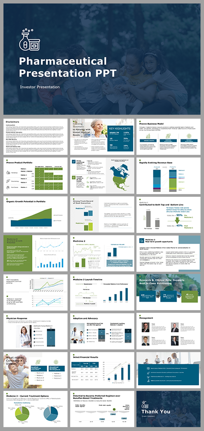Pharmaceutical presentation for investors, featuring slides on market potential, product portfolio, and growth opportunities.