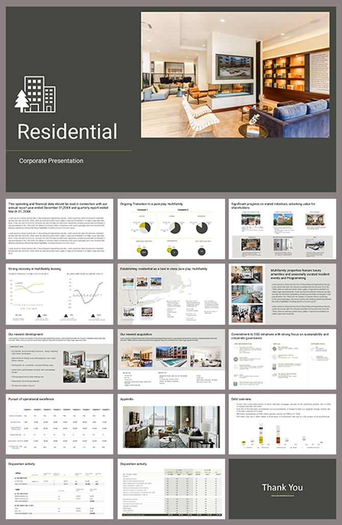 A pack of an overview of a multi family residential investor pitch deck slides.