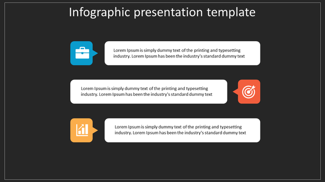 Three step infographic with blue, orange, and red icons connected to white text boxes on a dark background.