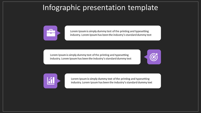 Three step infographic featuring purple icons connected to white text boxes on a dark background.