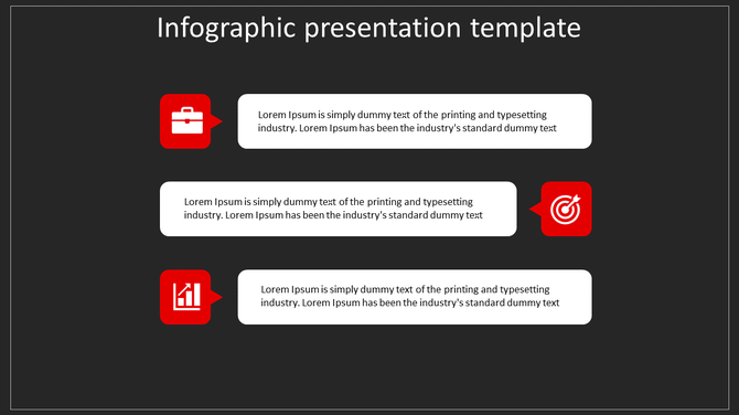 Infographic slide with three red icons briefcase, target, and growth chart, paired with text boxes on a dark background.