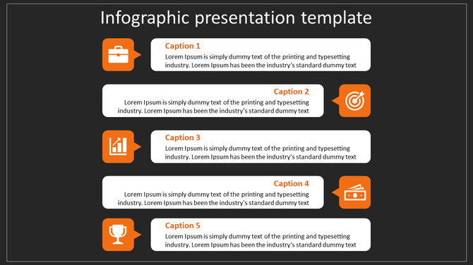 Infographic slide with 5 orange icons briefcase, target, growth chart, trophy, and documents, with captions and text boxes.