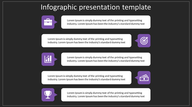 Infographic design with five alternating purple icons and white text blocks, displayed vertically on a black background.