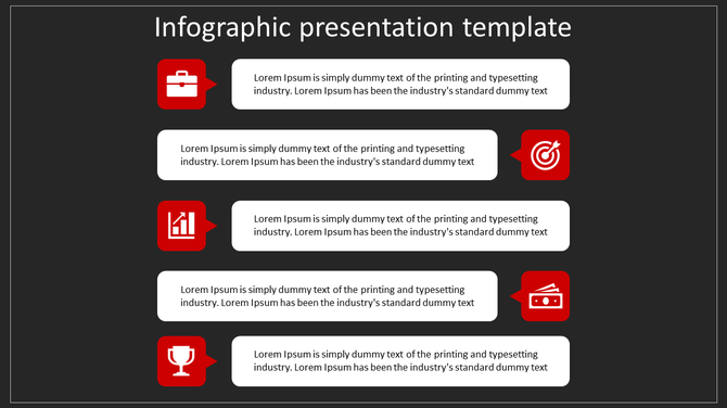 Vertical infographic template with red icons and white rectangular text boxes on a dark gray background.