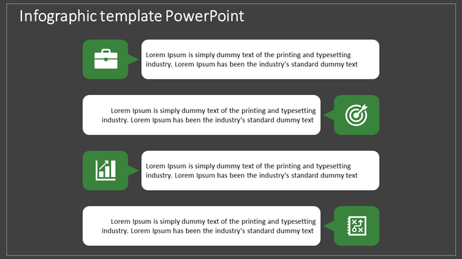 Infographic with four green square icons and white text boxes, arranged alternately on a dark gray background.
