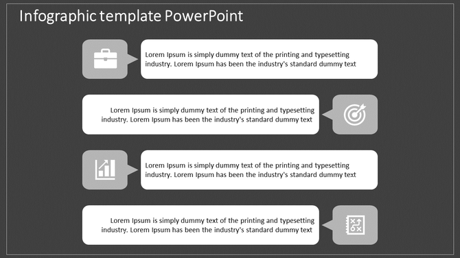 Infographic PowerPoint template with four gray icons briefcase, target, growth chart, and strategy, paired with text boxes.