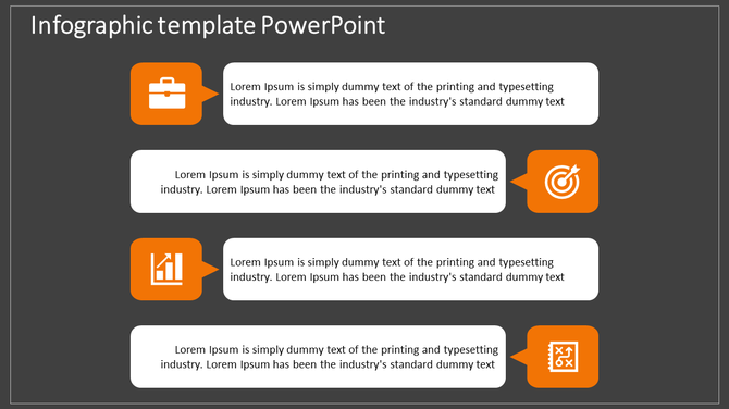 Dark gray infographic template with orange icons for business, target, growth, and strategy with placeholder text.