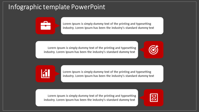 Infographic PowerPoint template with four red icons briefcase, target, growth chart, and strategy, paired with text boxes.