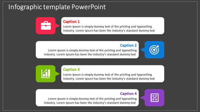 Infographic slide with icons representing work, target, growth, and money, each paired with text boxes.