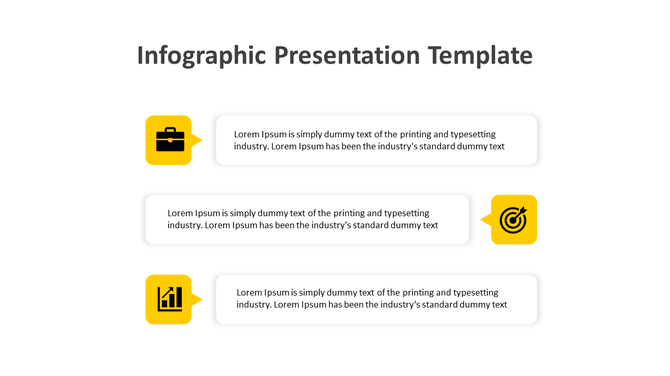 Infographic with three yellow icons and text boxes arranged alternately on a white background.