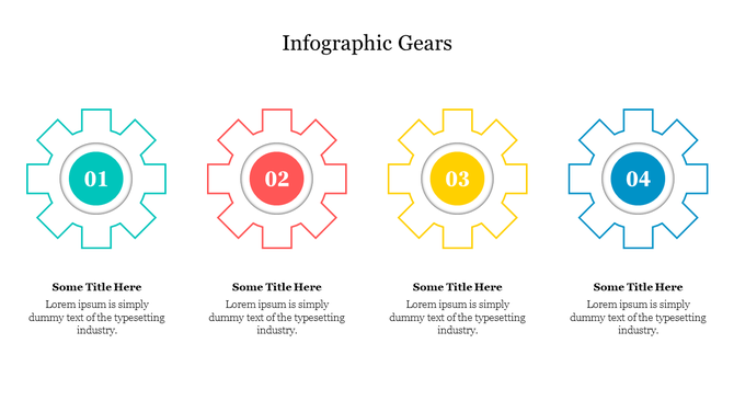 Four-gear infographic with colorful gears numbered, each with space for a title and text, arranged in a horizontal layout.