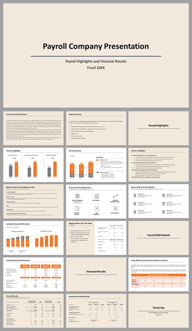 Slide deck with beige background featuring charts, tables, and icons summarizing payroll highlights and financial data.
