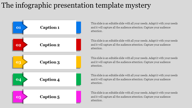 Five-step horizontal infographic with numbered boxes in blue, red, yellow, green, and pink, each with a caption areas.