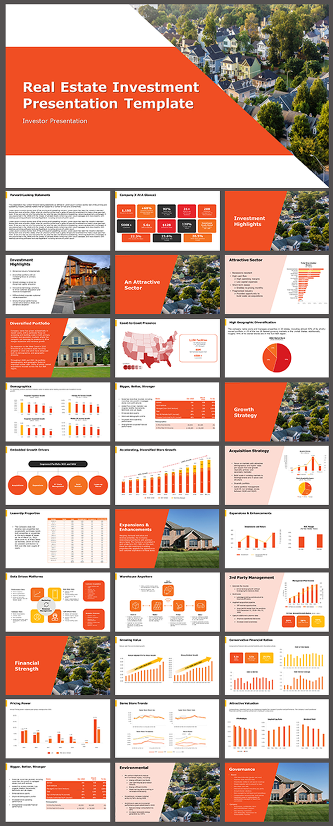 Real estate investor slide deck with structured layouts, orange accents, graphical data, and high quality property images.