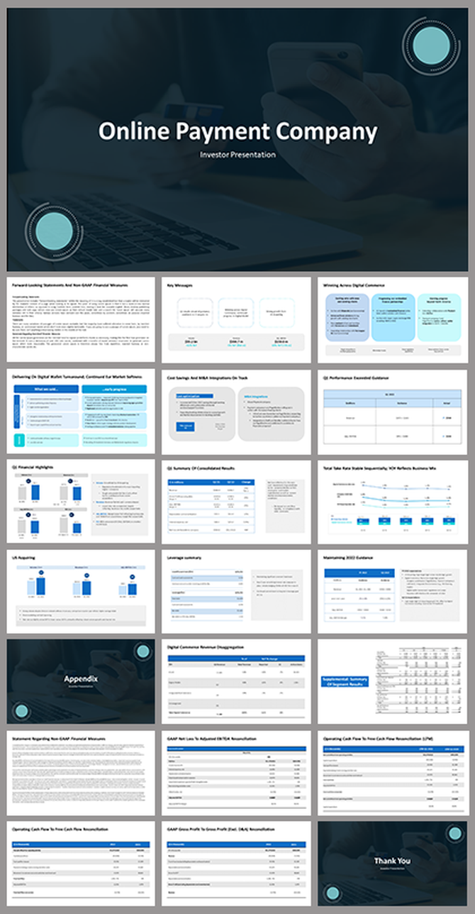 Business pitch deck showing online payment insights, performance highlights, revenue breakdowns, and cost structure visuals.