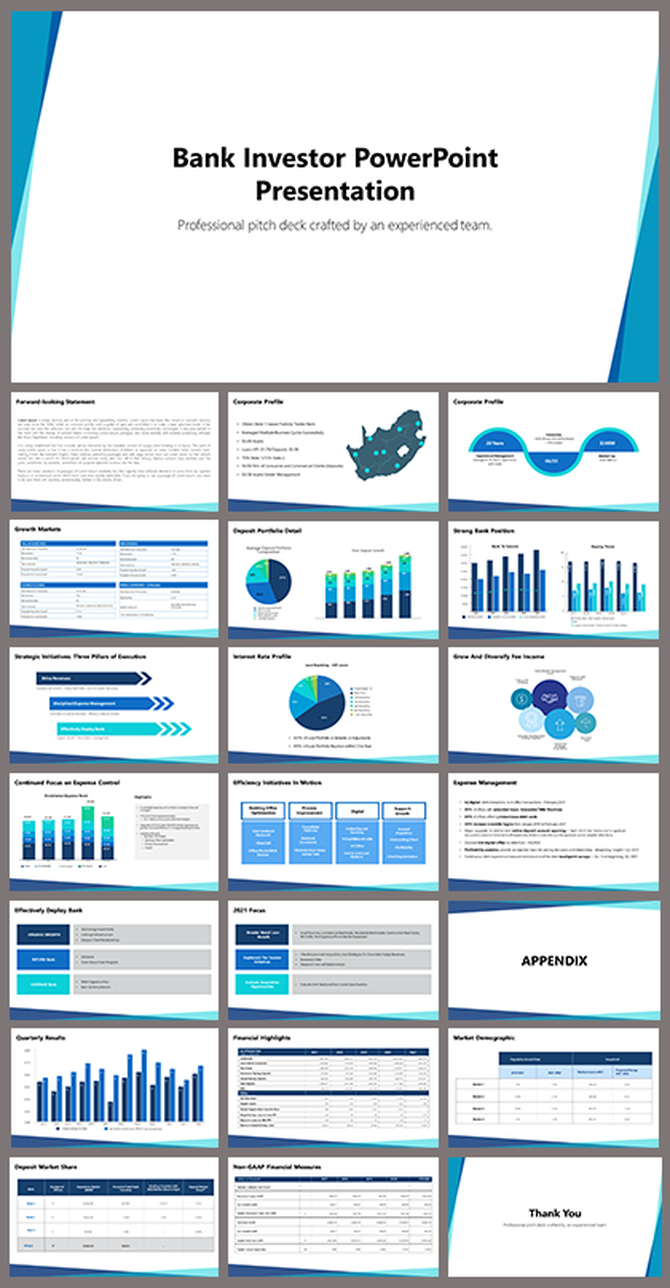 Bank investor slide deck showing financial charts, market analysis, and corporate growth insights in blue theme.