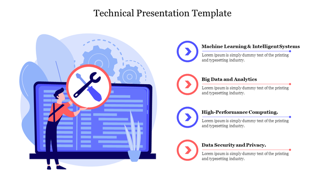 Technical presentation template featuring icons and topics like machine learning and data security with placeholder text.