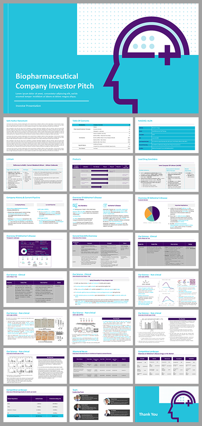 Investor pitch slide deck with a modern design, featuring purple and teal colors, data tables, and scientific visuals.