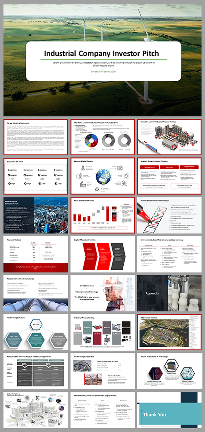 Industrial company investor pitch slides featuring wind turbines, data charts, industrial layouts, and financial insights.