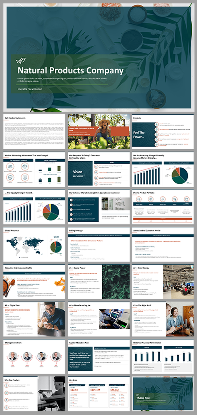 Natural products company investor deck featuring green themed backgrounds, charts, team photos, and product visuals.