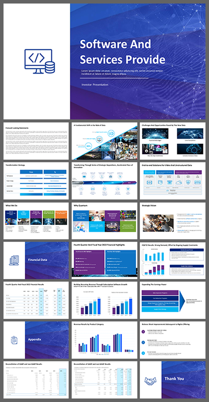 An investor presentation for software and services, showcasing slides on financial data, strategy, and company highlights.
