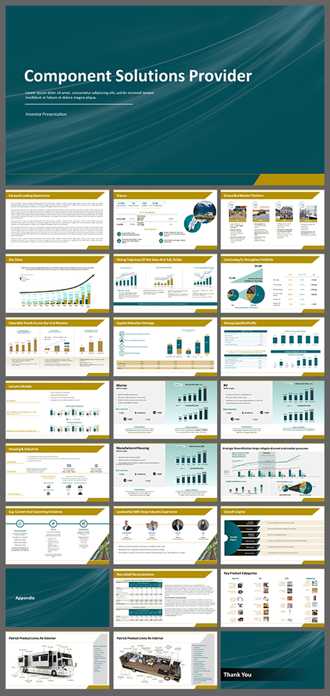 Investor PPT slides featuring charts, graphs, and key insights for a component solutions company in different layout designs.