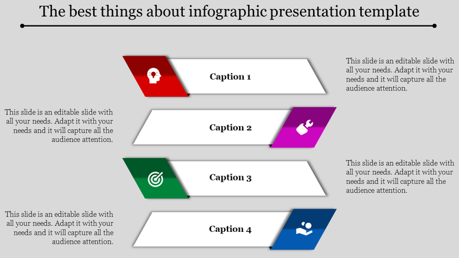 Business infographic with four horizontal segments in red, purple, green, and blue, each containing captions and icons.