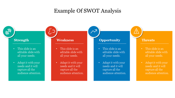 Horizontal SWOT analysis chart showing four editable blocks with titles, bullet points, and matching icons in circle labels.
