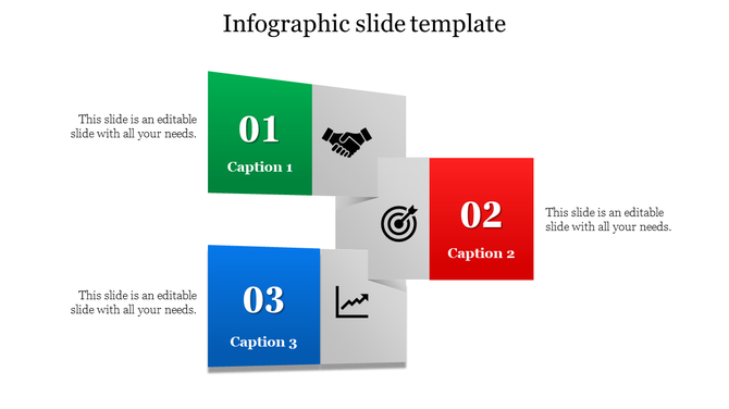 Three step infographic with green, red, and blue blocks labeled 01 to 03, each with icons and captions,