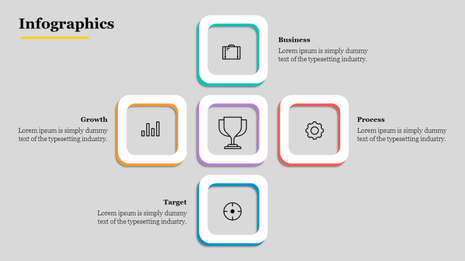 Slide with five square icons in orange, blue, purple, red, and green, in a cross layout, on a gray background.