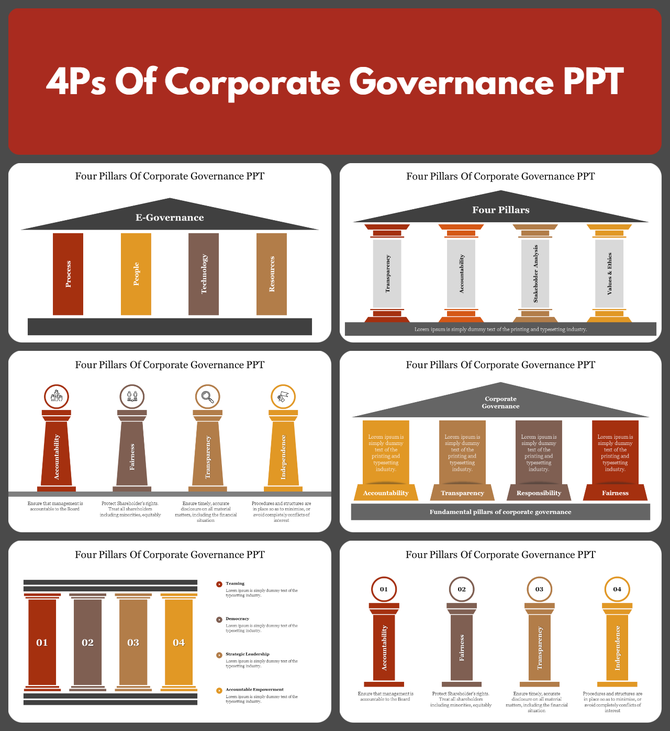 A pack of corporate governance slides highlighting the four pillars with different colorful layout designs.