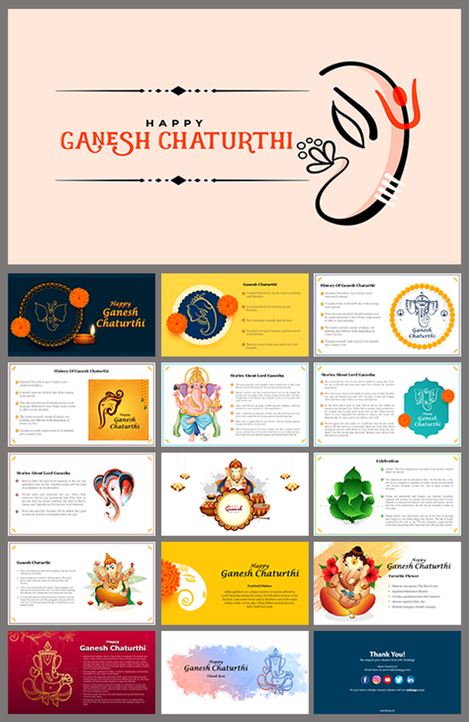 Ganesh chaturthi celebration slides featuring colorful designs and information about the festival's significance and rituals.