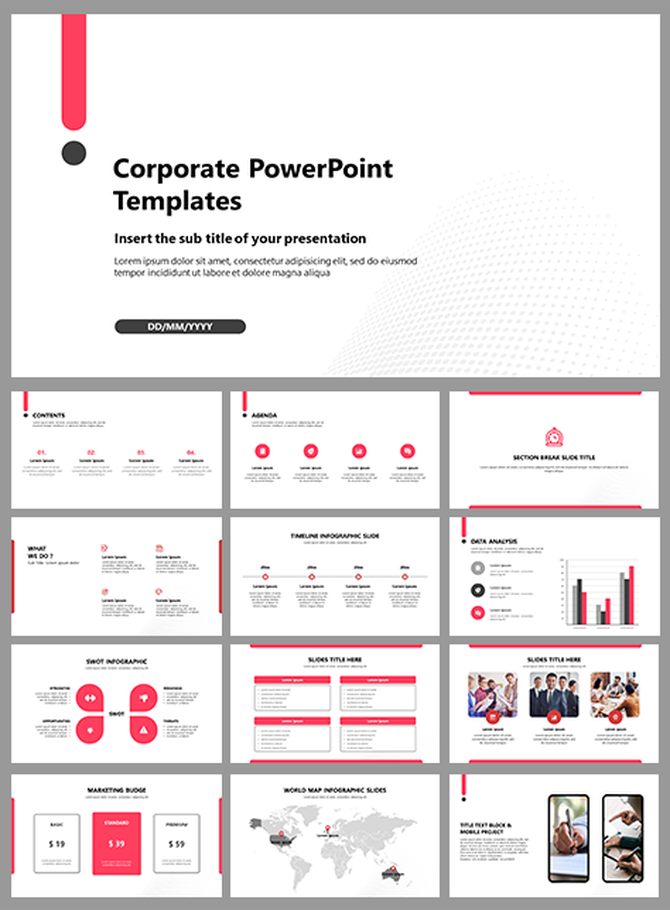 Corporate PowerPoint template with various slides including contents, marketing roadmap, and data analysis charts.