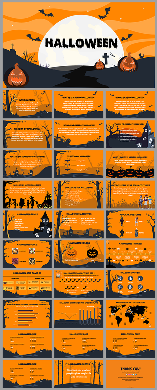 Colorful Halloween PowerPoint slides featuring information on celebrations, games, and global customs.