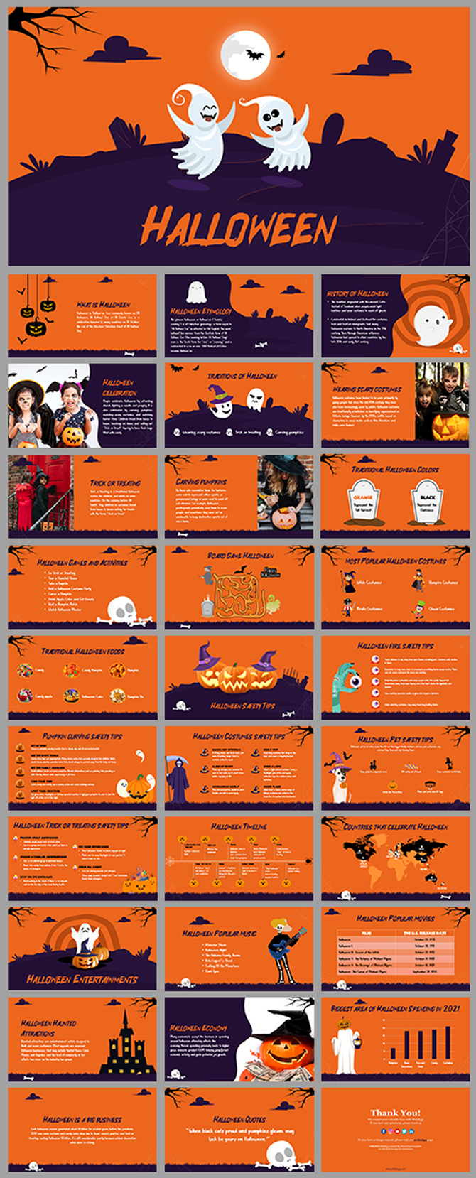 Spooky Halloween slide deck featuring festive icons, pumpkin carving, haunted themes, and playful ghost visuals.