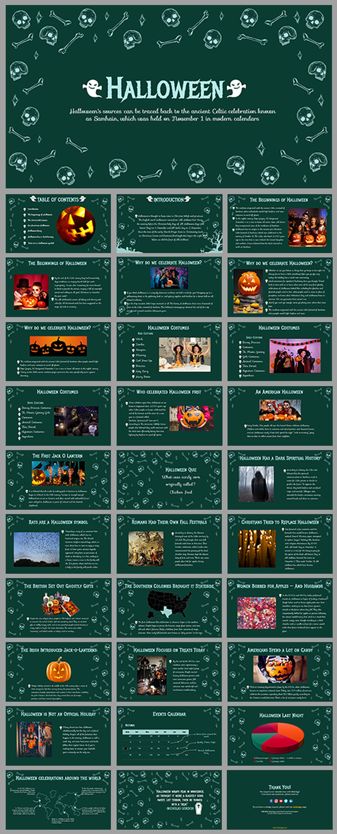 Halloween slides showing history, origins, costumes, and global celebrations, featuring spooky visuals and eerie decorations.