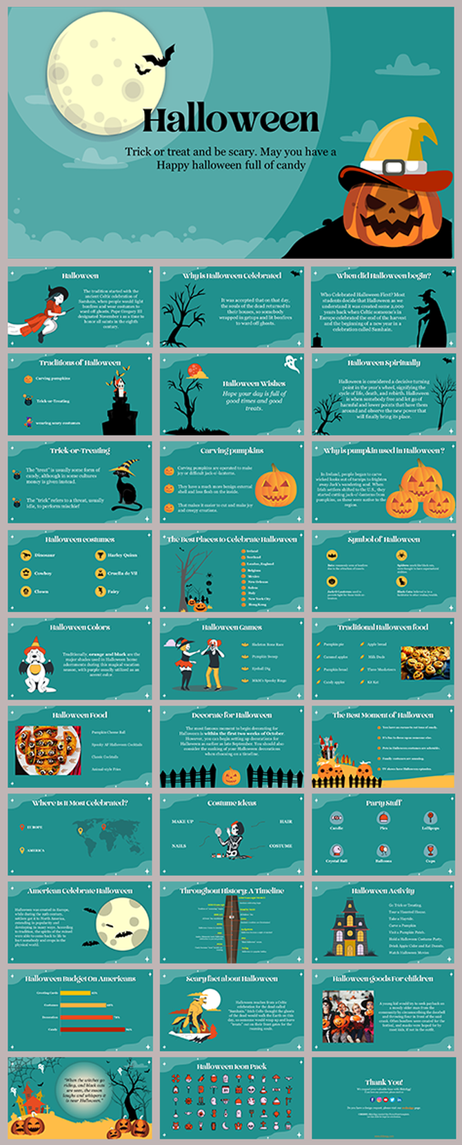 Halloween themed PPT slides with fun facts, traditions, food, and activities for a spooky celebration on a green backdrop.