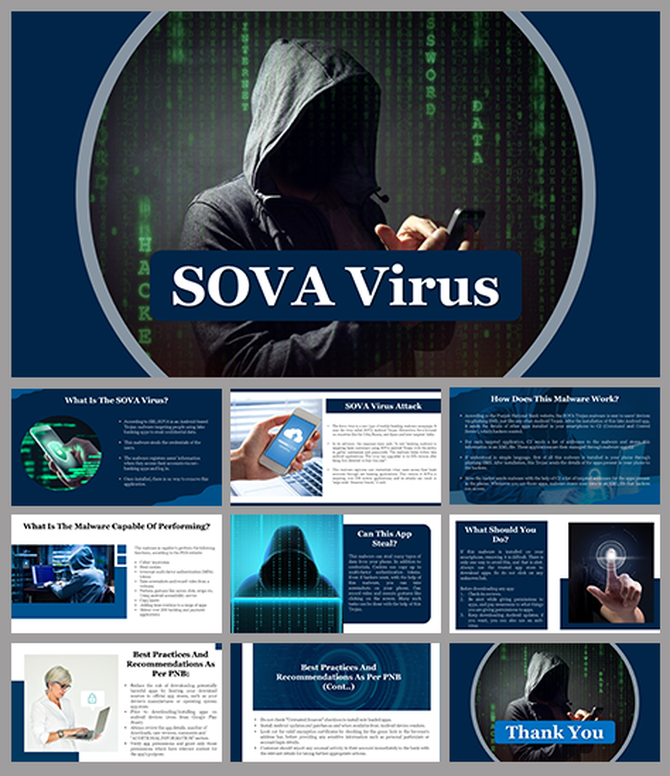 SOVA virus slide deck with dark themed backgrounds, hacker imagery, and cybersecurity insights.
