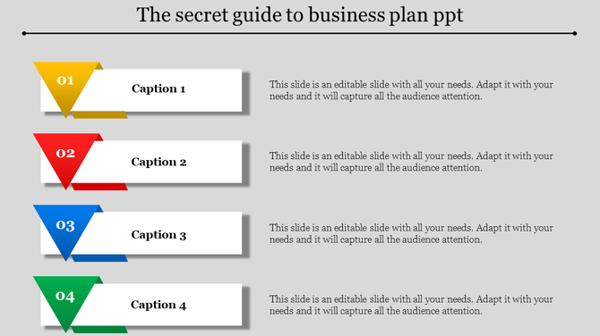 Four horizontal banners with numbered triangles in yellow, red, blue, and green, each with captions and descriptive text.